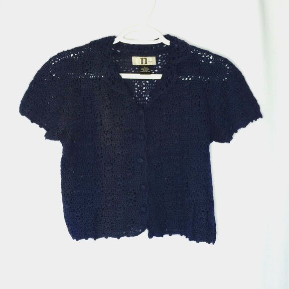 ⭐ One Step Up Girls Open Knit Crochet Short Slve Cardigan Sweater Navy Blu Large - Picture 1 of 5